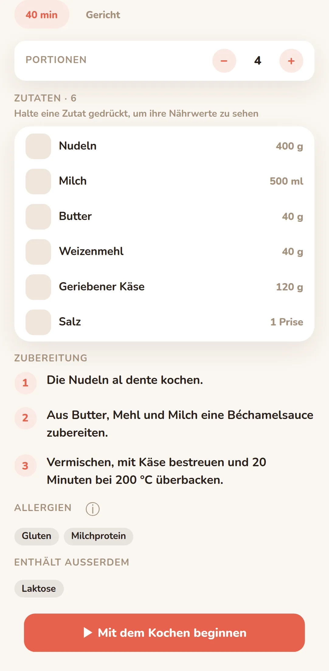 Ein Rezept und seine Allergene, auf dem Handy