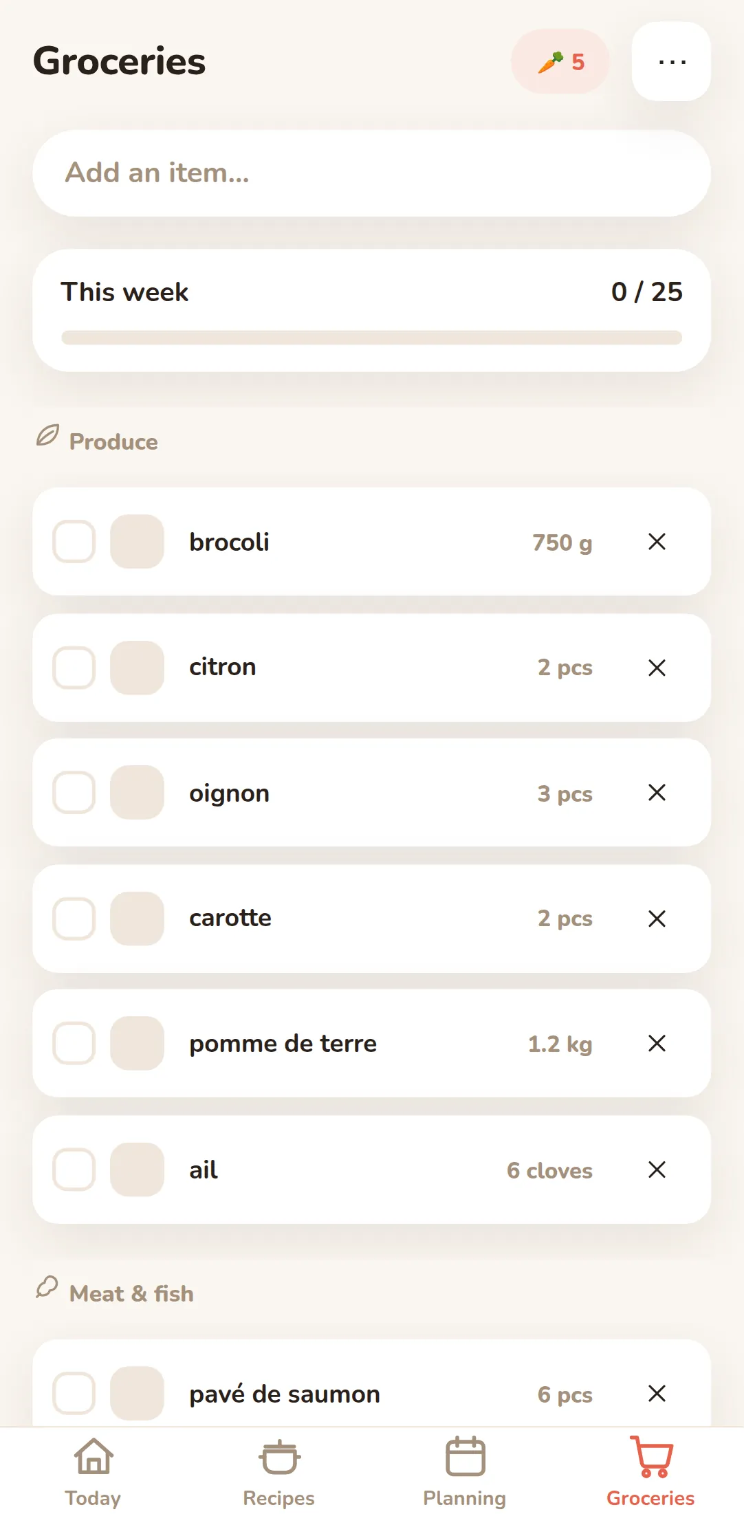 The shopping list, on a phone