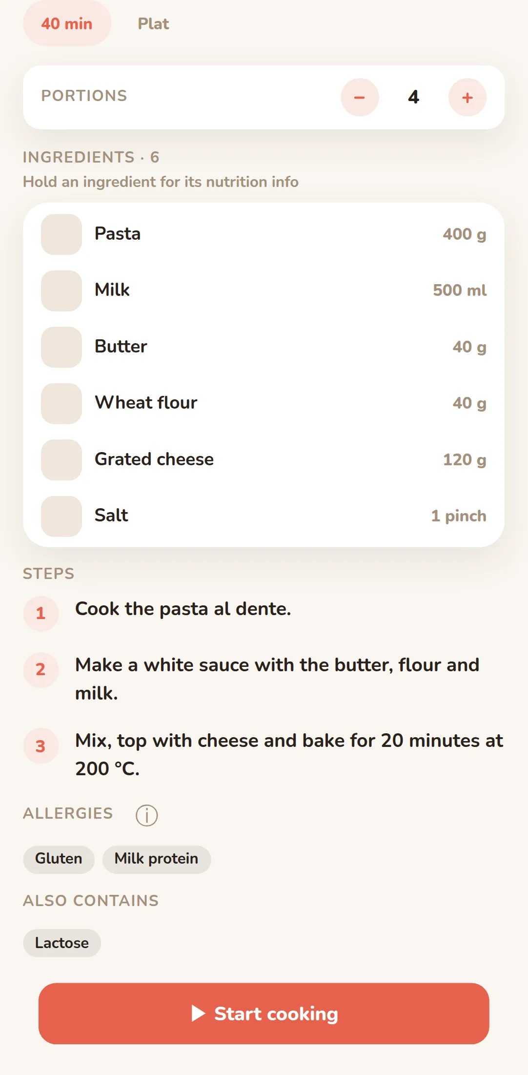 A recipe and its allergens, on a phone