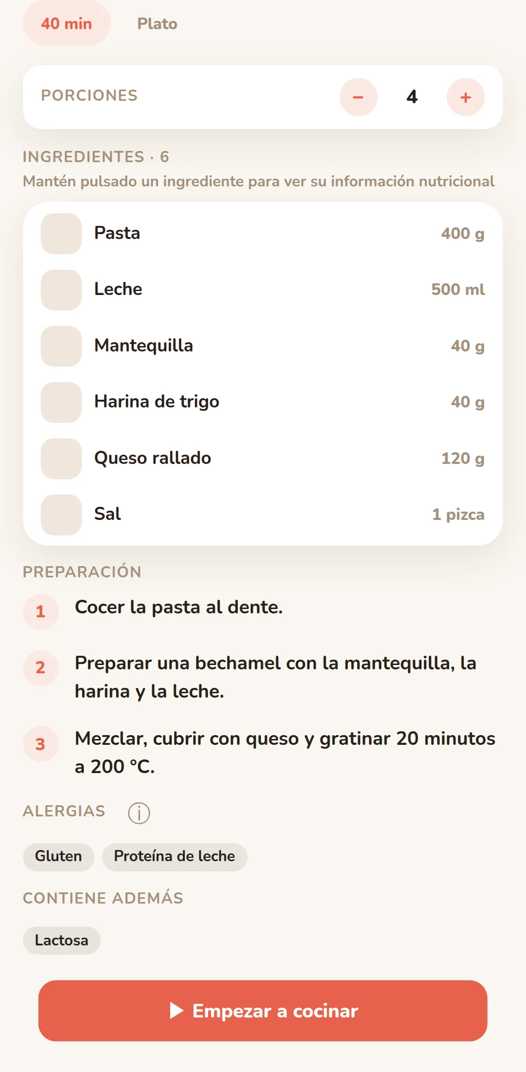 Una receta y sus alérgenos, en el móvil